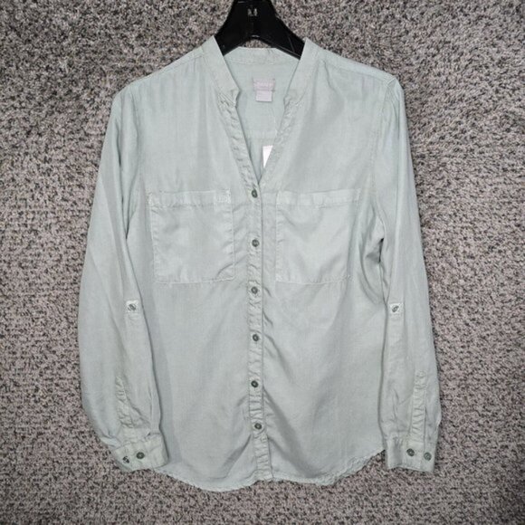 Chicos Top Womens 0 US Small Green Button Up Touch Of Cool Pockets Casual Ladies - Picture 1 of 7